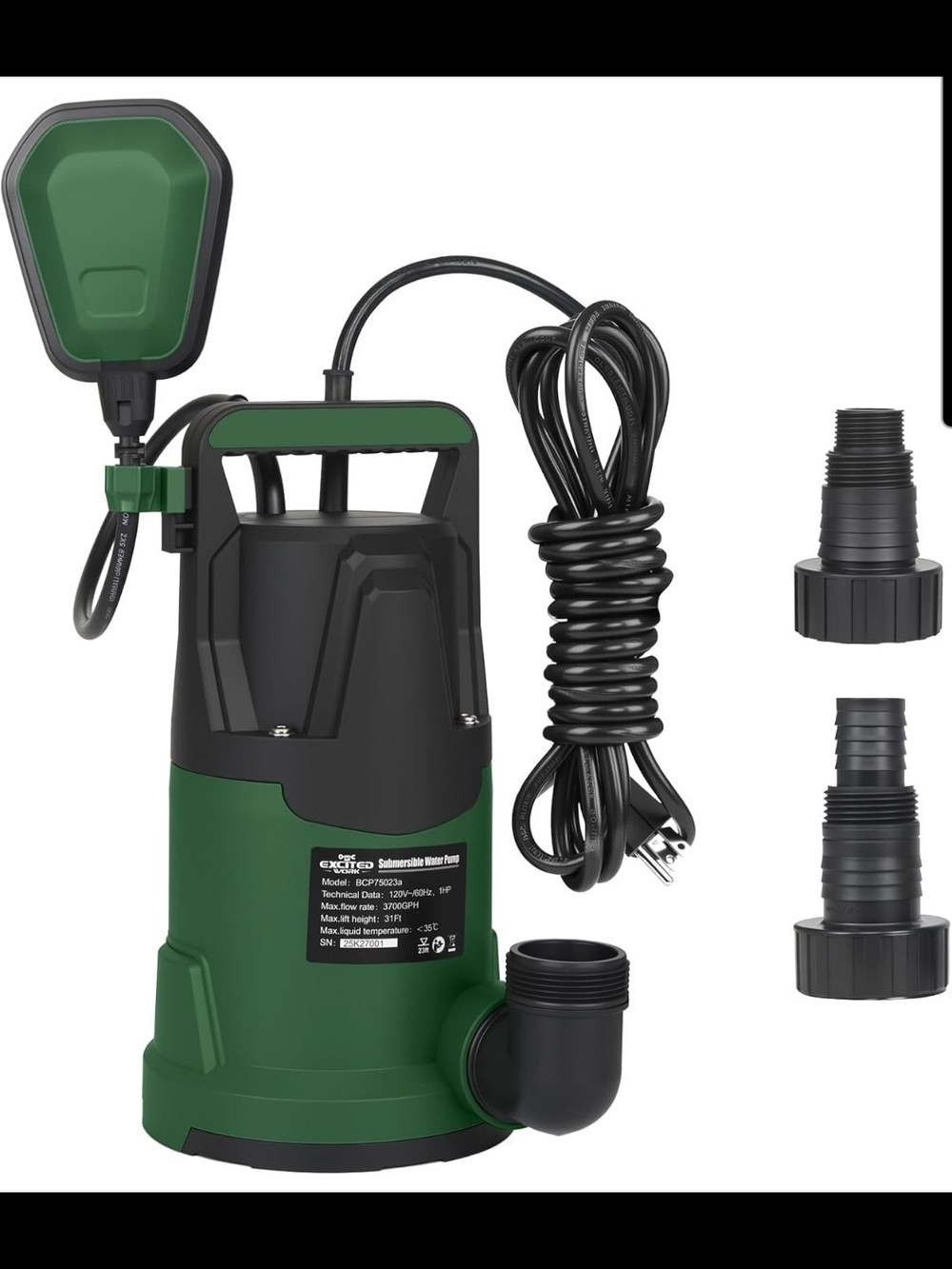 LAZYLAND 1HP Submersible Sump Pump 3700GPH Auto Float Switch Drain Pump